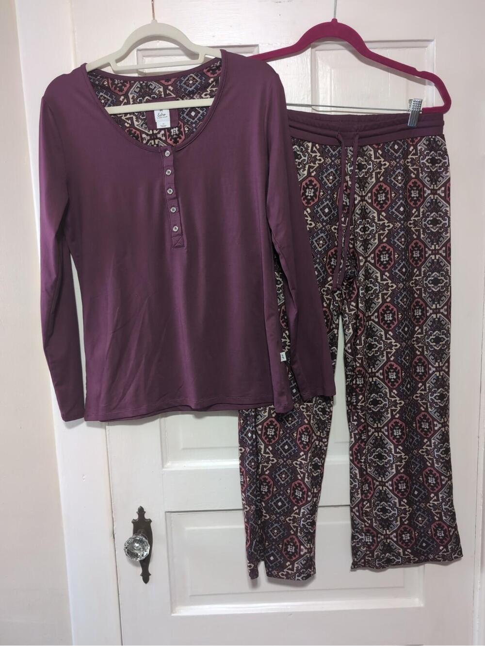 Echo Sleepwear Pajama Set PURPLE PLUM Henley Button Geometric SOFT Women M(1332)